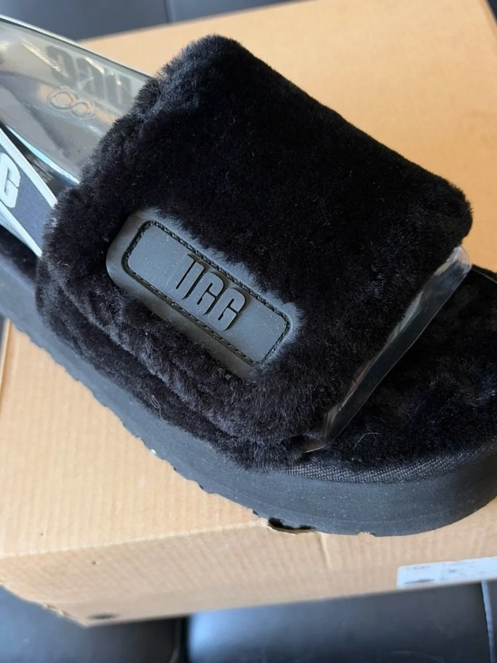 UGG Black Platform Fluff Slide Sandals with Branded Strap